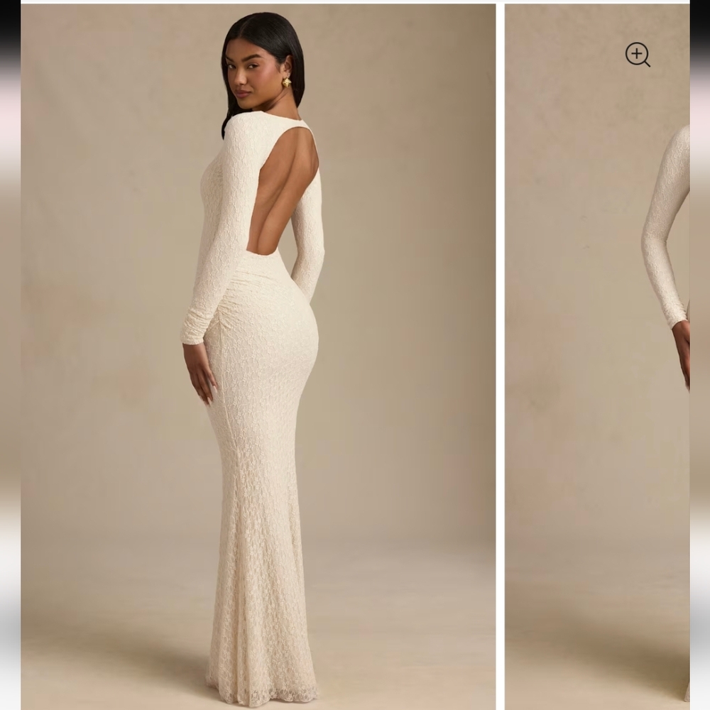 NWT Oh Polly Tarini Ruched Backless Lace Maxi Dress in Ivory, Size S - Picture 10 of 11